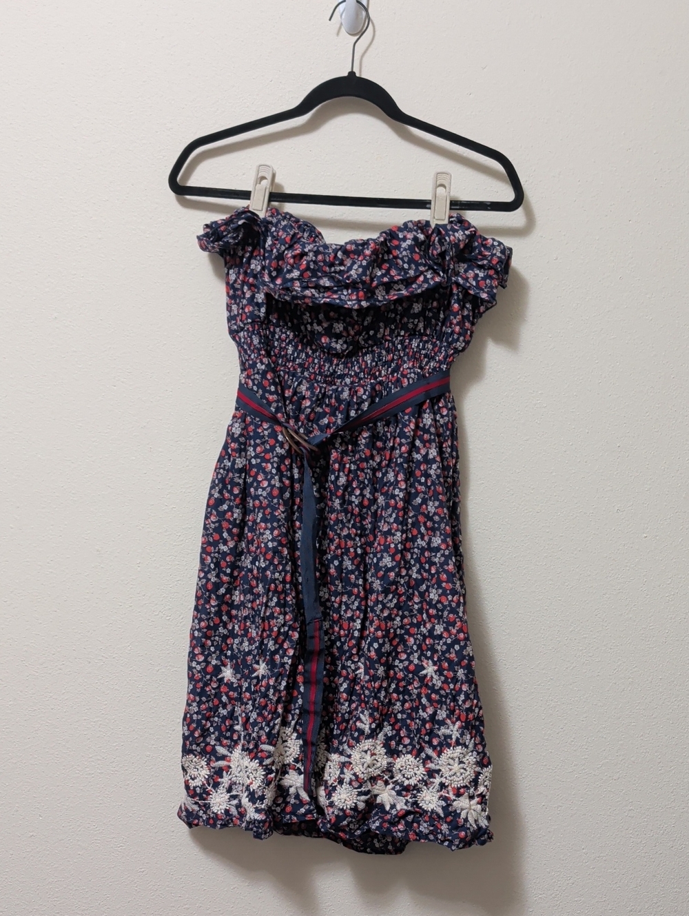 torrid Navy Floral Strapless Dress with White Embroidered Hem